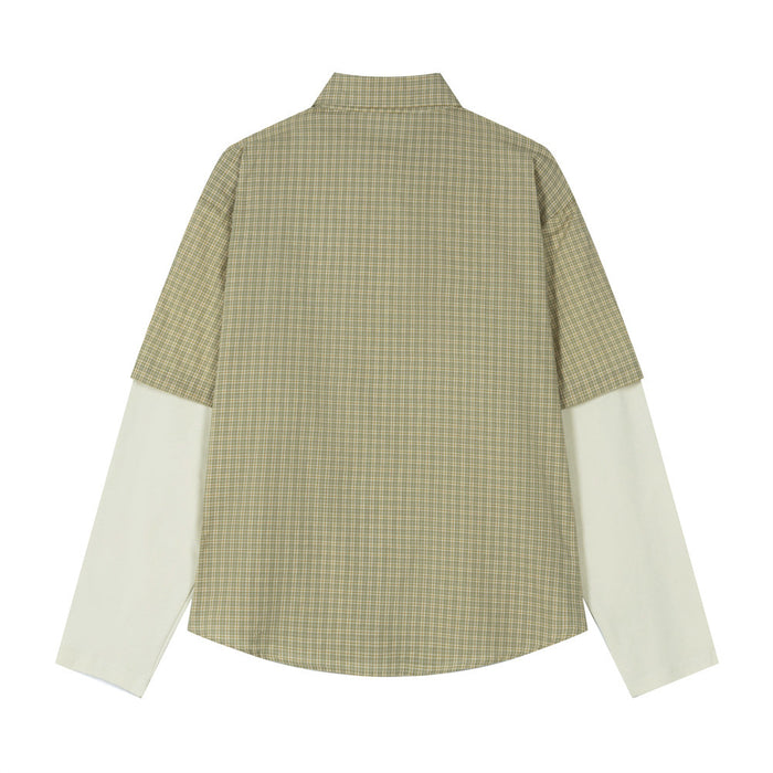 Back view of the olive plaid faux two-piece shirt with cream sleeves and curved hem