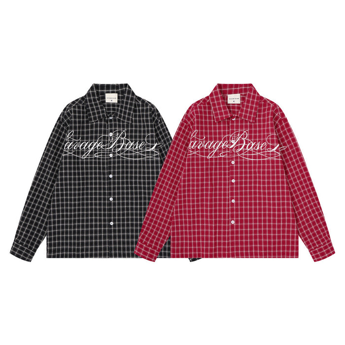 Black and red plaid long sleeve shirts with white cursive chest embroidery, shown front-facing side by side