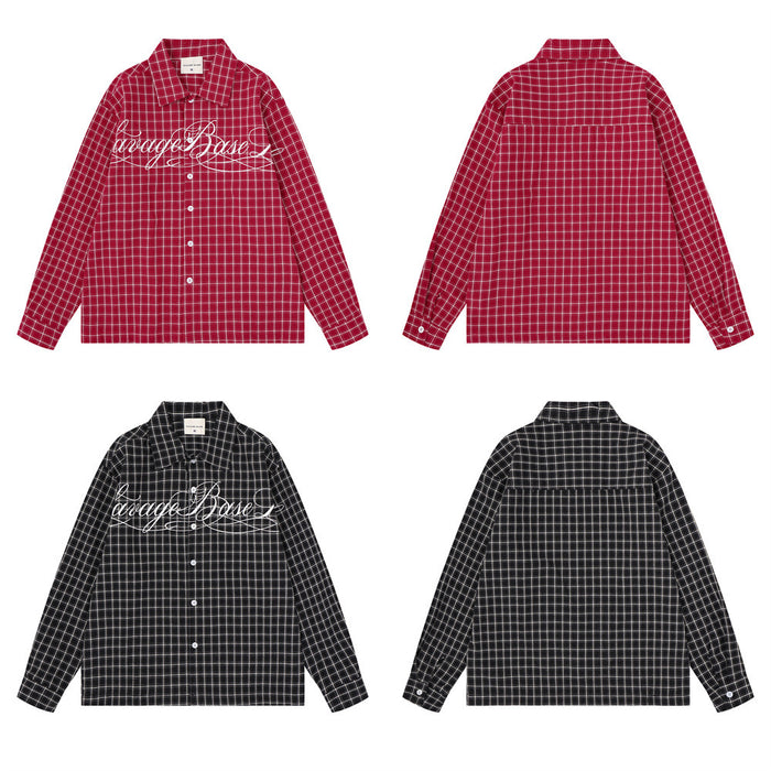 Red and black plaid long sleeve shirts shown in front and back views with white chest embroidery