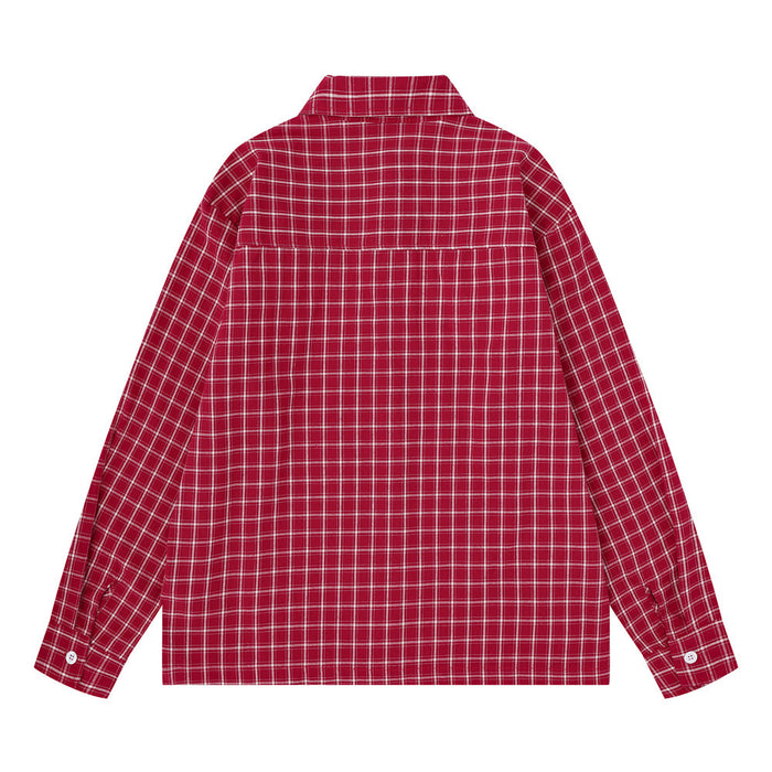 Back view of a red plaid long sleeve shirt showing the checked pattern, yoke seam, and buttoned cuffs