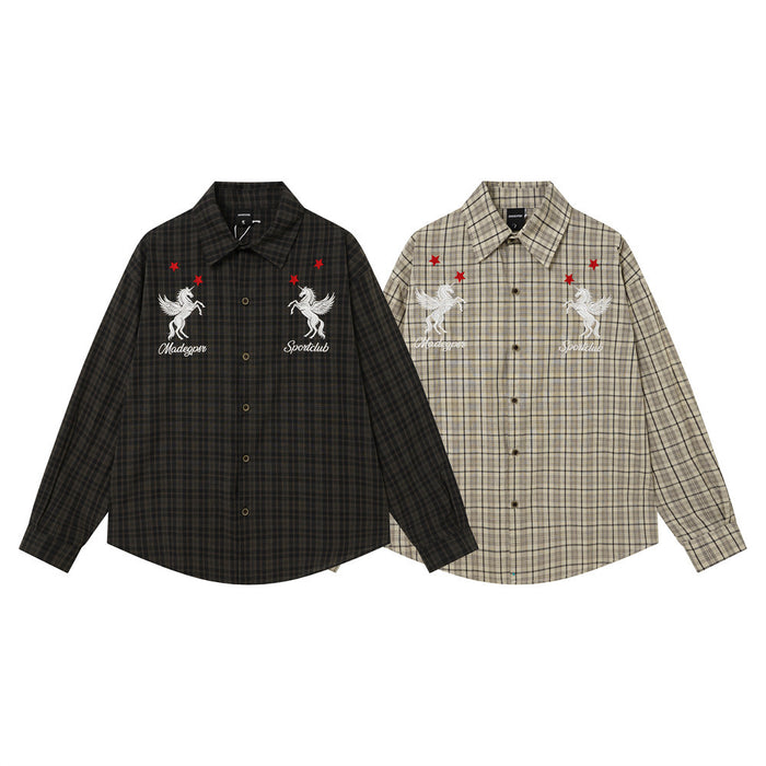 Two plaid long-sleeve shirts shown from the front in dark charcoal and beige, each with winged horse embroidery