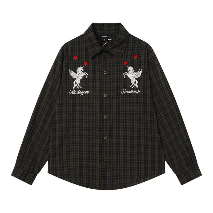 Oversized plaid long-sleeve shirt with white Pegasus embroidery and red star accents on chest, shown in dark olive-black and