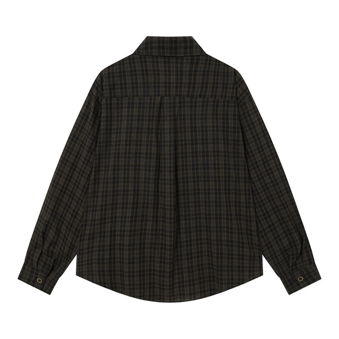 Dark charcoal plaid long-sleeve shirt shown from the back with a pointed collar, cuffs, and curved hem