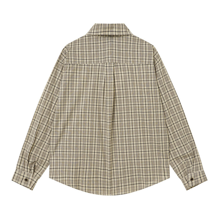 Beige plaid long-sleeve shirt shown from the back with a yoke seam, button cuffs, and curved hem