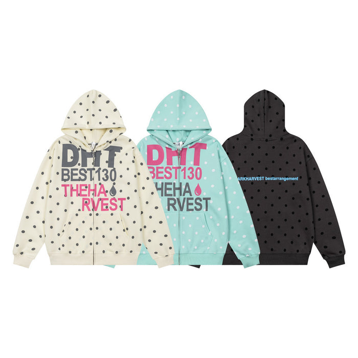 Three polka dot zip-up hoodies in cream, aqua, and black, showing front and back designs