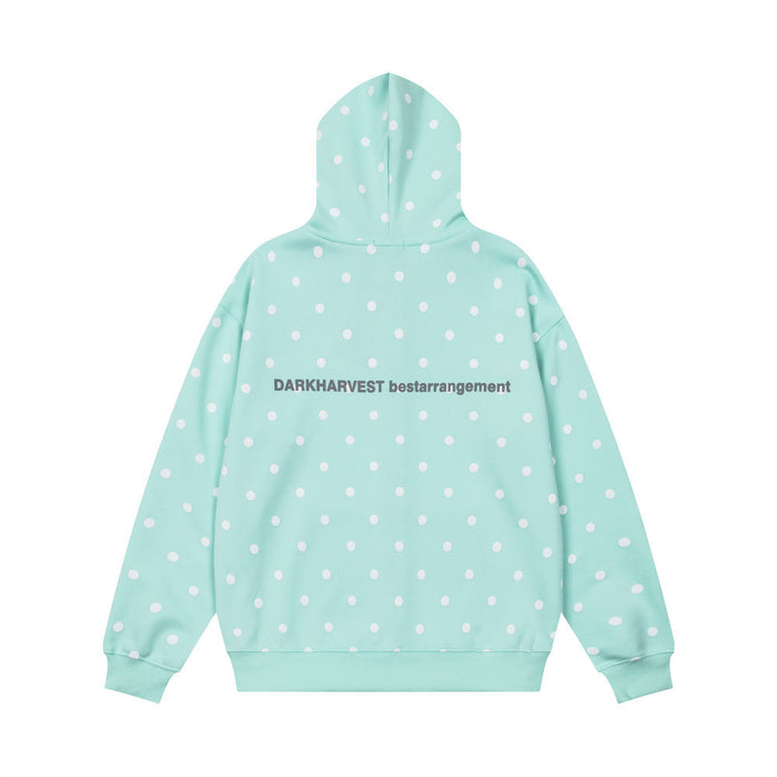 Aqua polka dot zip-up hoodie shown from the back with small centered branding text