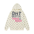 Cream zip-up hoodie with gray polka dots and bold gray and pink graphic text on the front