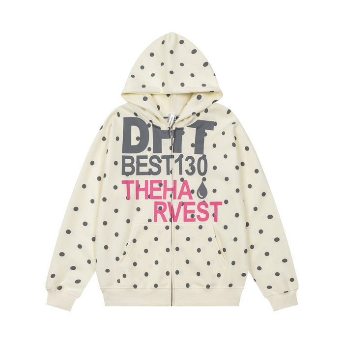 Cream zip-up hoodie with gray polka dots and bold gray and pink graphic text on the front
