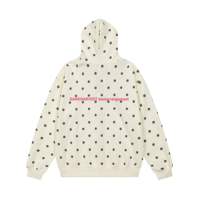 Cream polka dot zip-up hoodie shown from the back with small pink and gray branding text