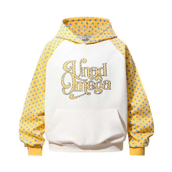 Men's polka dot colorblock raglan pullover hoodie with large chest letter patch embroidery in yellow and white