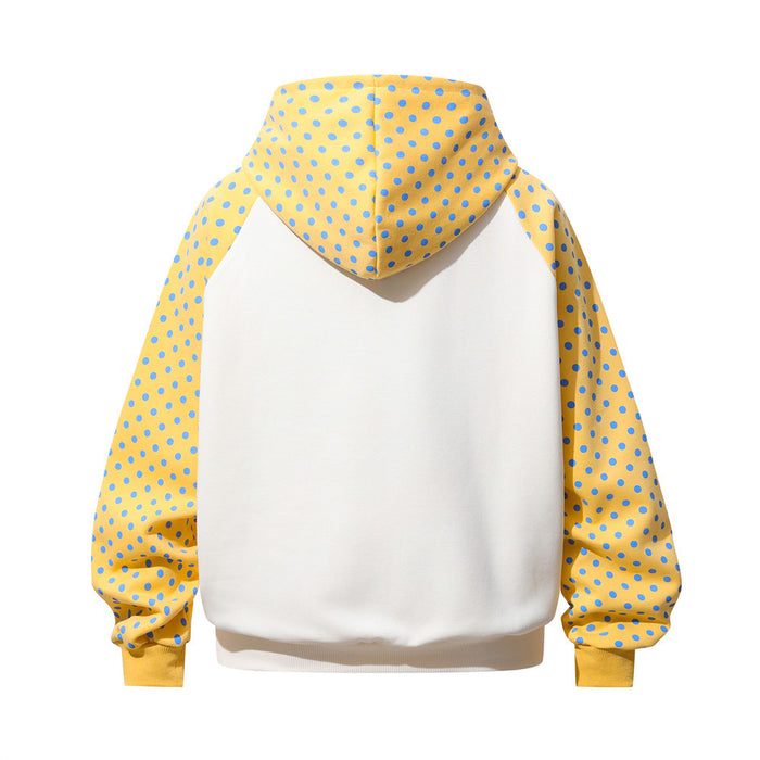 Back view of a yellow polka dot raglan hoodie with a plain light-colored body