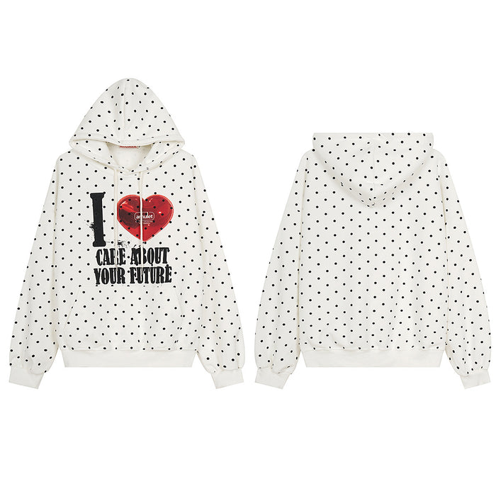 Cream polka dot hoodie shown from the front and back, with a red heart and black text graphic on the front