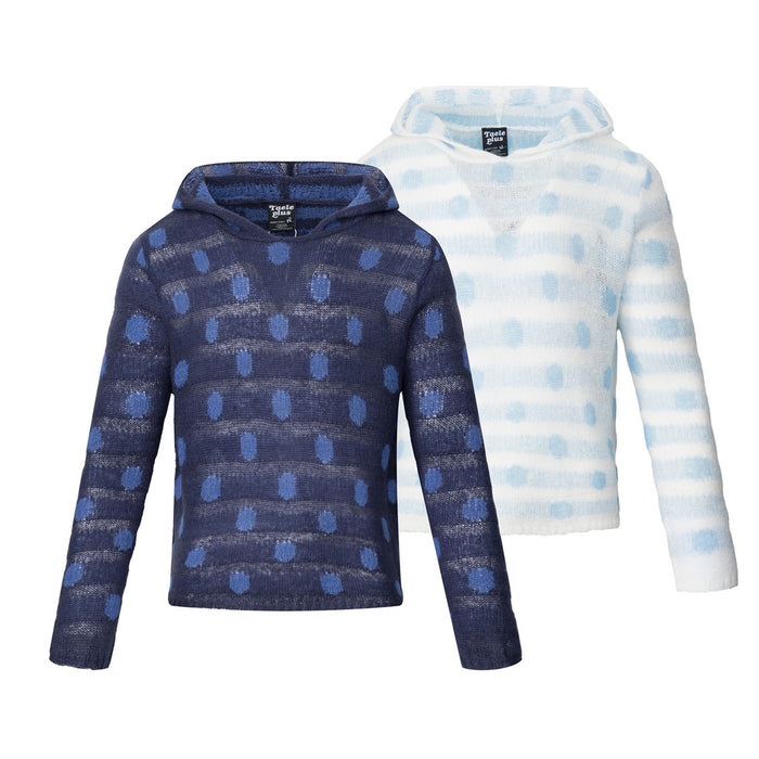 Front view of navy and white knit hoodie sweaters with blue polka dots and horizontal stripes