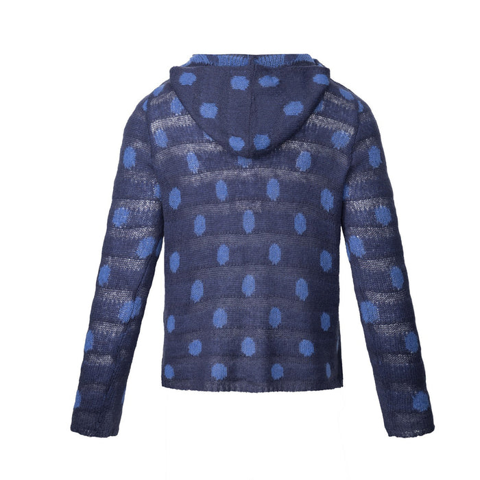 Back view of a navy knit hoodie sweater with blue polka dots, striped texture, and hood
