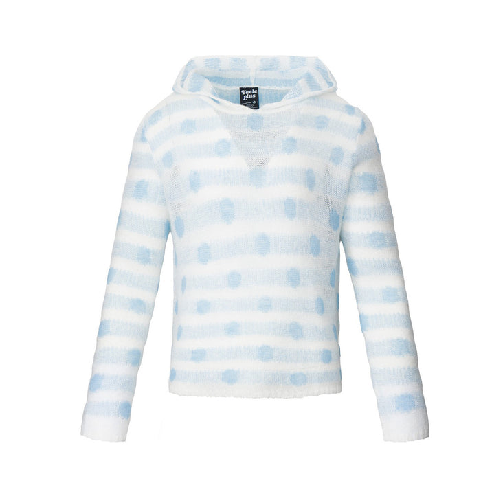 Front view of a white knit hoodie sweater with pale blue polka dots and horizontal stripes