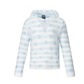 Front view of a white knit hoodie sweater with pale blue polka dots and horizontal stripes