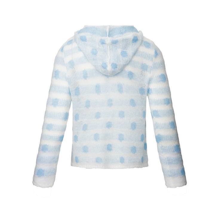 Back view of a white knit hoodie sweater with pale blue polka dots, stripes, and hood