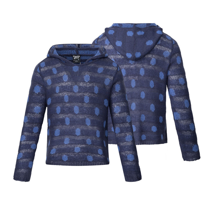 Navy knit hoodie sweater shown from front and back with blue polka dots and horizontal stripes