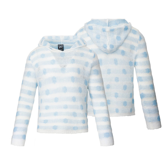 White knit hoodie sweater shown from front and back with pale blue polka dots and horizontal stripes