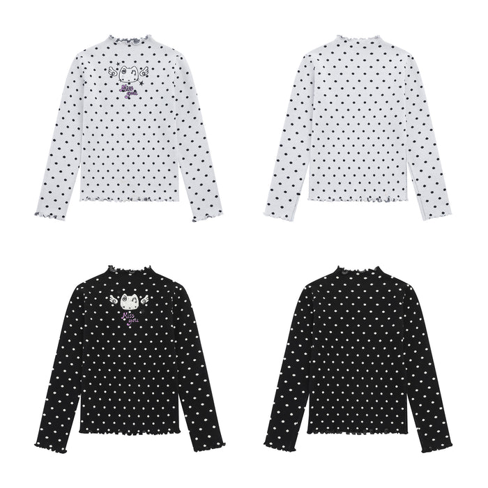 Four-view layout showing front and back views of white and black polka dot cat sweaters