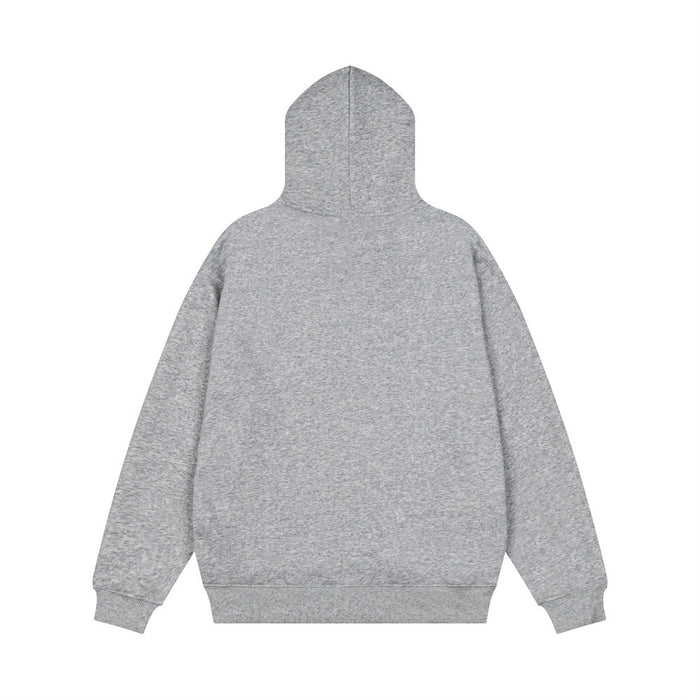 Back view of a plain gray oversized pullover hoodie with a hood, long sleeves, and ribbed cuffs