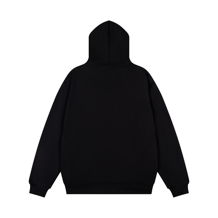 Back view of a plain black oversized pullover hoodie with a structured hood and ribbed hem