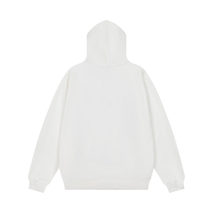 Back view of a plain white oversized pullover hoodie with a hood, long sleeves, and ribbed hem