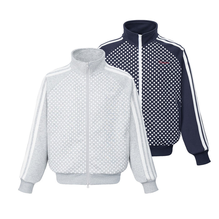 Front view of gray and navy stand-collar track jackets with white polka dots and striped sleeves