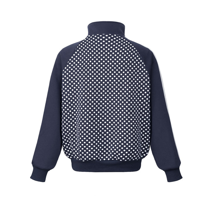 Back view of navy track jacket with white polka-dot panel, solid sleeves, ribbed collar and hem