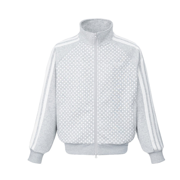 Front view of light gray zip-up track jacket with white polka dots and double stripe sleeves
