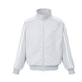 Front view of light gray zip-up track jacket with white polka dots and double stripe sleeves