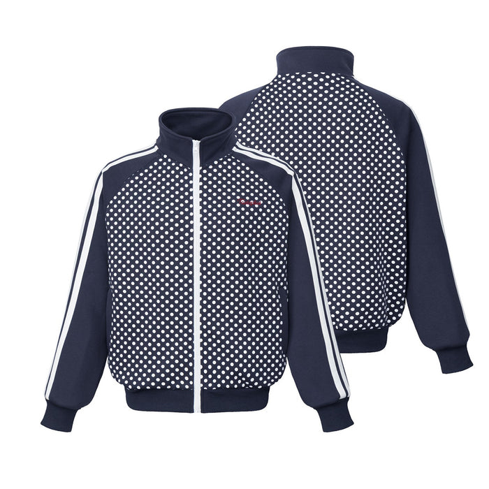 Two navy track jackets showing front and back views with white polka dots and striped sleeves