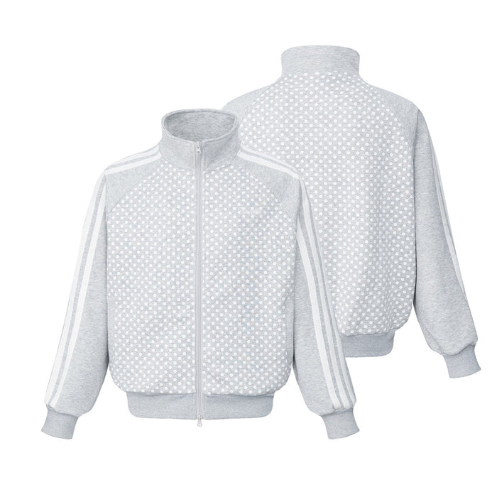 Light gray track jackets showing front and back views with white polka dots and striped sleeves