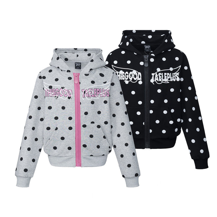 Gray and black polka dot zip-up hoodies shown from the front with winged chest graphics