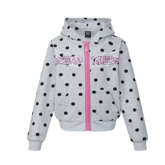 Heather gray polka dot zip-up hoodie with pink zipper and angel wings chest graphic, front view