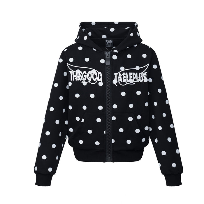 Front view of the black polka dot hoodie with a full-length zipper and white winged chest graphic