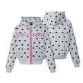 Gray polka dot hoodie shown front and back, featuring a pink zipper and winged chest graphic