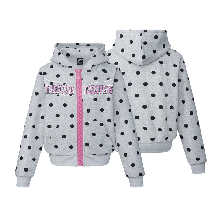 Gray polka dot hoodie shown front and back, featuring a pink zipper and winged chest graphic
