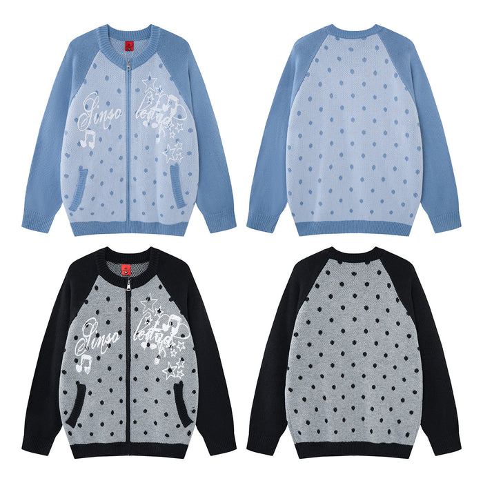 Four-view layout showing blue and black polka dot knit cardigans from front and back