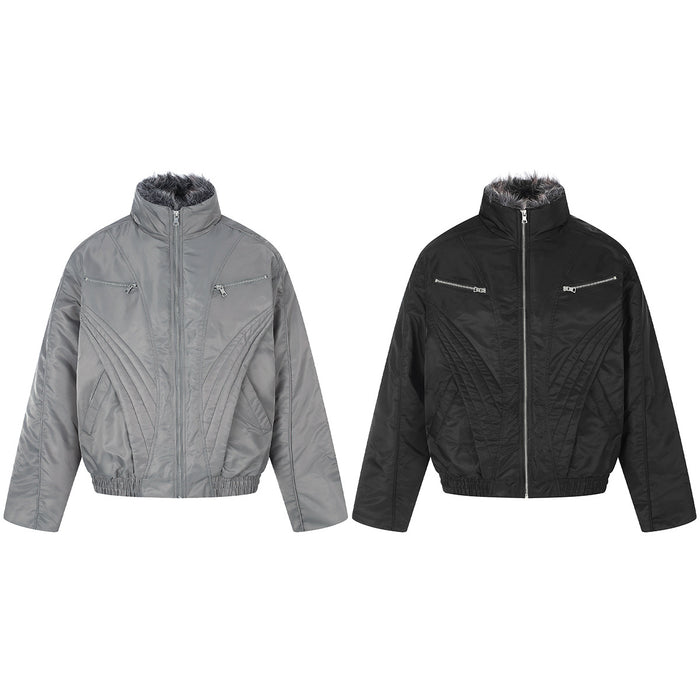 Front view of gray and black padded jackets with faux fur collars, silver zippers, and curved stitched panels
