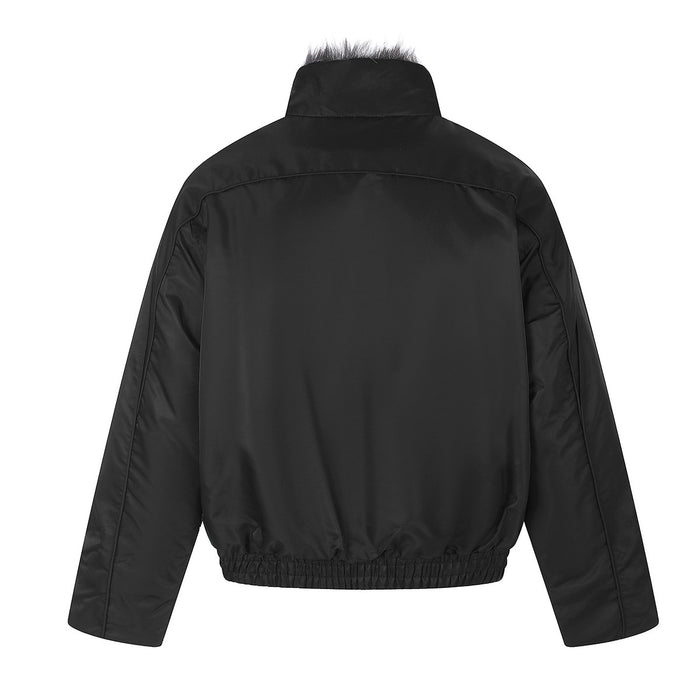 Back view of the black padded jacket showing a plain panel, stitched sleeves, raised collar, and elastic hem