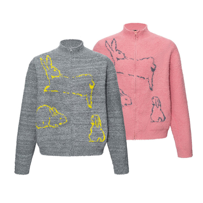 Gray and pink rabbit graphic zip-up knit sweaters shown together from the front