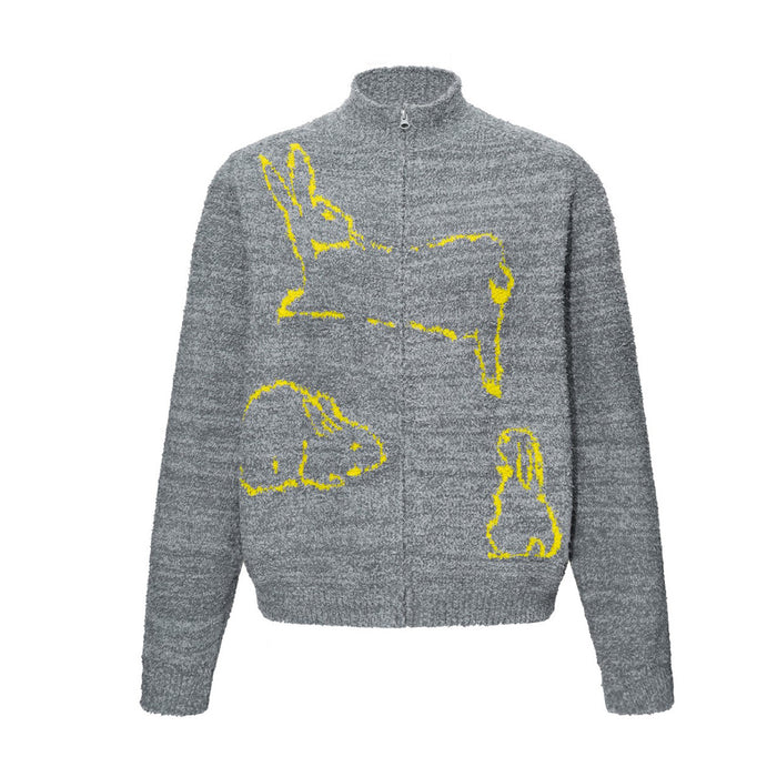 Rabbit jacquard zip-up knit cardigan sweater in heather grey with yellow rabbit print, bouclé texture, mock neck collar