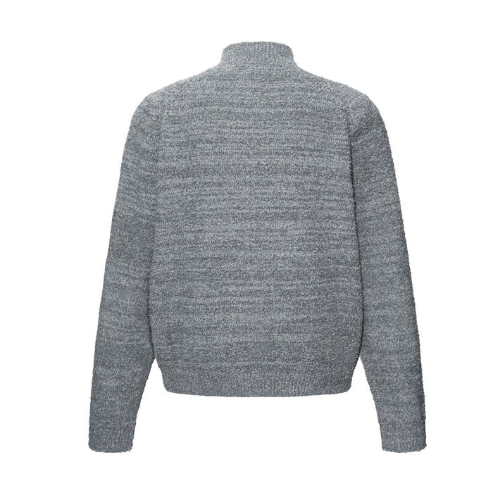 Back view of the gray zip-up knit sweater with a plain textured design
