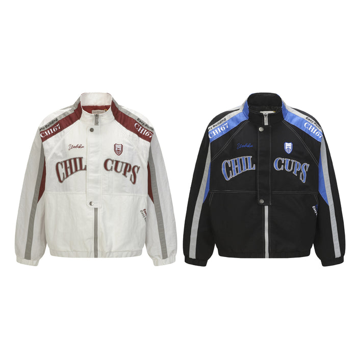 Two colorblock varsity bomber jackets shown from the front in white and burgundy, and black and blue
