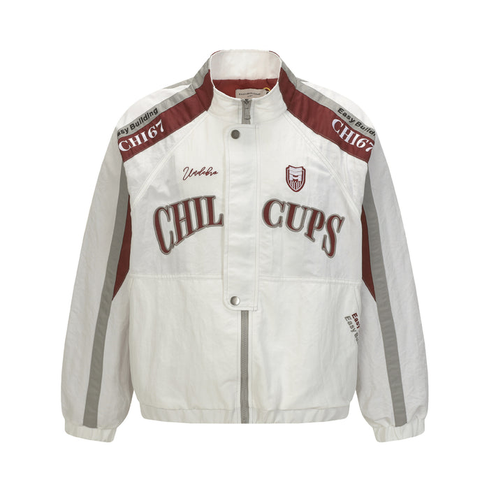 Front view of a white varsity bomber jacket with burgundy shoulder panels and CHILL CUPS embroidery