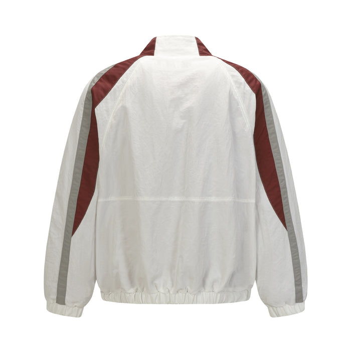 Back view of the white varsity bomber jacket with burgundy shoulder accents and gray sleeve stripes