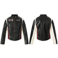 Black PU leather racing moto jacket with off-white and burgundy colorblock panels, embroidered script branding and brass-tone