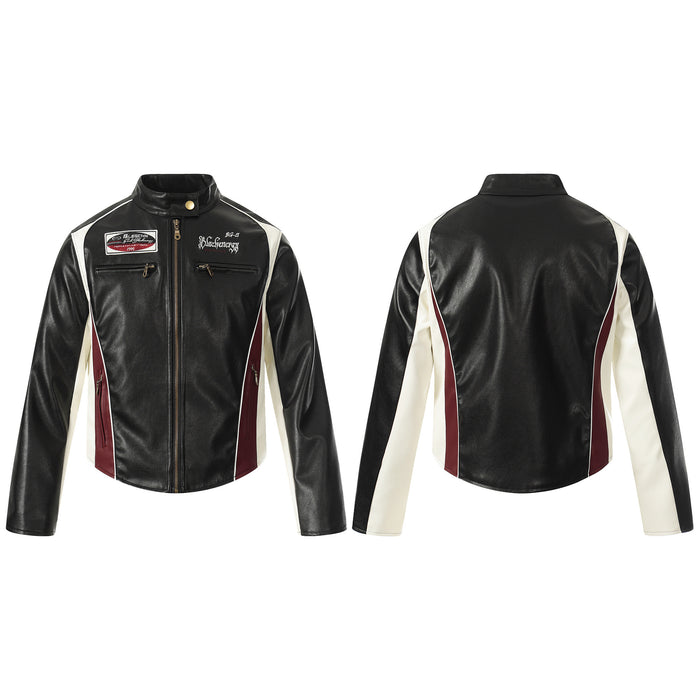 Black PU leather racing moto jacket with off-white and burgundy colorblock panels, embroidered script branding and brass-tone