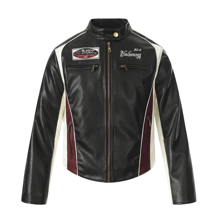 Front view of a black PU leather biker jacket with white and burgundy colorblock panels, zippers and patches